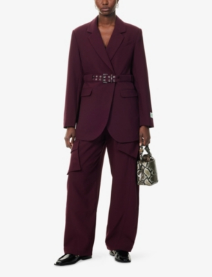 Ganni Womens Notched-lapel Eyelet Woven Blazer Port Royale In Burgundy