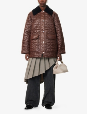 Ganni Quilted Coat With Contrasting Collar In Brown