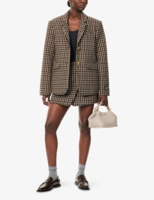 Ganni Checked Single-breasted Wool Blazer In Brown