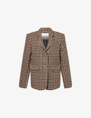 GANNI: Checked Notched-Lapel Wool-Blend Blazer