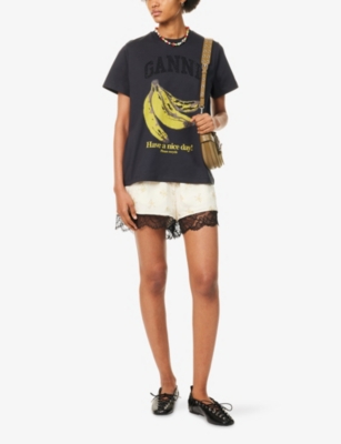 Ganni Crew-neck Cotton T-shirt With Banana Print In Gray