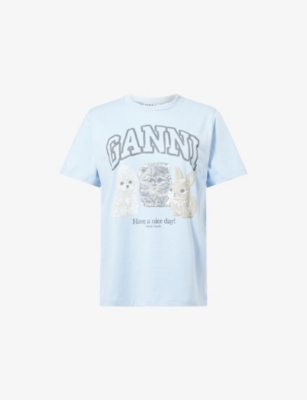 GANNI: Printed Round-Neck Cotton-Jersey T-Shirt