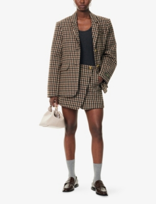 Ganni Womens Chicory Coffee Checked Gold-toned Button Wool-blend Mini Skirt In Brown