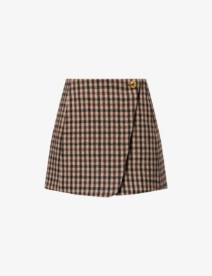 Ganni Womens Chicory Coffee Checked Gold-toned Button Wool-blend Mini Skirt In Brown