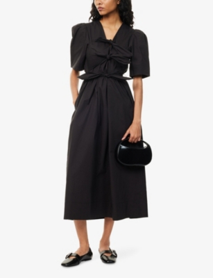 GANNI: V-Neck Gathered Cotton Midi Dress