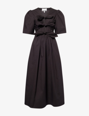 GANNI: V-Neck Gathered Cotton Midi Dress