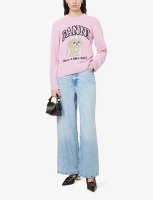 Ganni Womens Chalk Pink Poodle Logo-motif Wool-blend Knit Jumper Xs In Pink