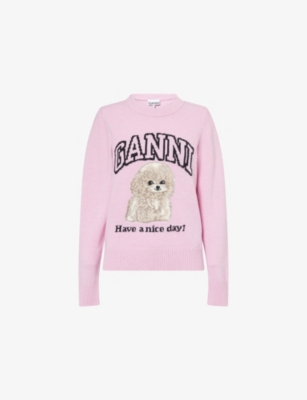 Ganni Womens Chalk Pink Poodle Logo-motif Wool-blend Knit Jumper Xs In Pink