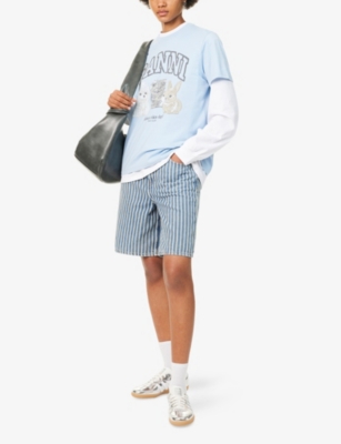 Ganni Womens Soft Chambray Striped High-rise Denim Shorts