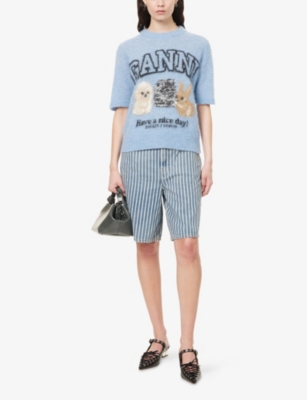 Shop Ganni Womens Logo Puppies Wool-blend Knit Top Soft Chambray