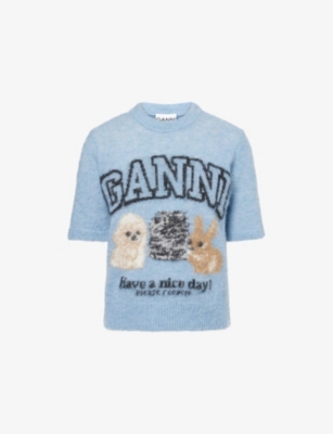 Shop Ganni Womens Logo Puppies Wool-blend Knit Top Soft Chambray