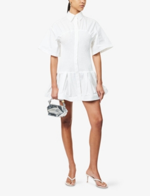 Amy Lynn Womens White Shirred Flared Cotton-poplin Mini Dress