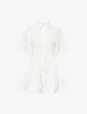 Amy Lynn Womens White Shirred Flared Cotton-poplin Mini Dress
