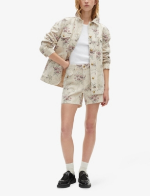 THE KOOPLES WOMENS BEIGE TAUPE FLORAL-PRINT PATCH-POCKET DENIM JACKET 