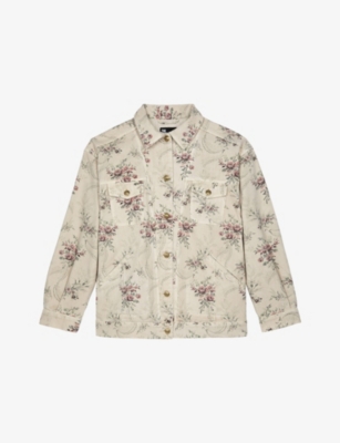 THE KOOPLES WOMENS BEIGE TAUPE FLORAL-PRINT PATCH-POCKET DENIM JACKET 