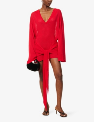 THE ATTICO: Asymmetric V-Neck Knitted Mini Dress