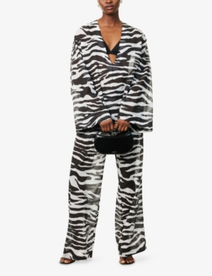 Shop Attico Womens White/black Zebra Plunge-v-neck Cotton-poplin Blouse