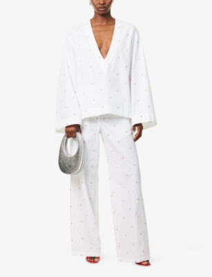 Attico Womens White Monogram Plunge-v-neck Cotton-blend Blouse In White