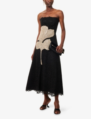 Costarellos Hallis Strapless Crystal-embellished Corded Lace Midi Dress In Black