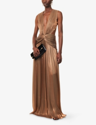 Costarellos Womens Bronze Silla Plunge-neckline Woven Gown In Brown