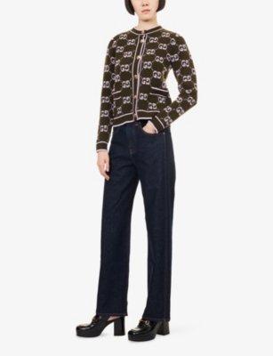 Gucci Womens Military Lilac Gg Bouclé Wool Knitted Cardigan In Brown