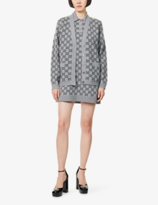 Gucci Womens Smoke Grey Black Monogram V-neck Knitted Wool Cardigan