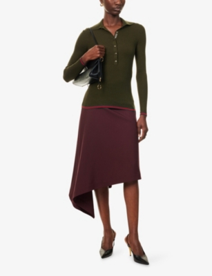 Gucci Womens Ribbed Long-sleeves Cashmere And Silk Polo Shirt Forest Green Mc In Green