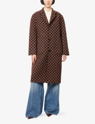 Gucci Womens Brown Pink Monogram-pattern Notch-lapel Wool Coat In Gold