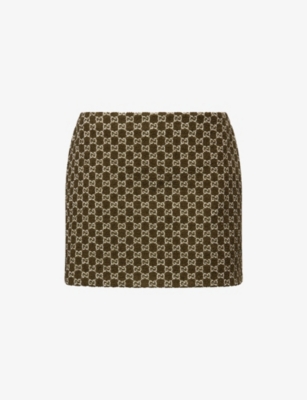 Gucci Womens Green White Monogram Mid-waist Cotton-blend Mini Skirt In Multi