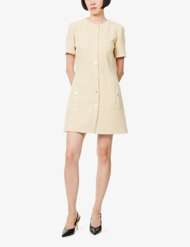 Short-Sleeve Textured Wool Mini Dress