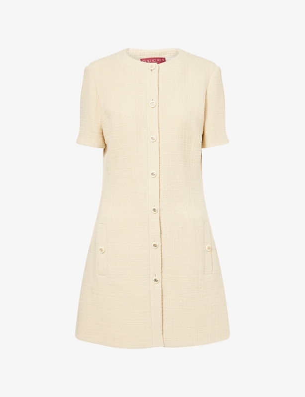 Short-Sleeve Textured Wool Mini Dress