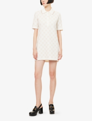 Gucci Womens White Beige Polo Monogram Wool-blend Mini Dress Xs In White