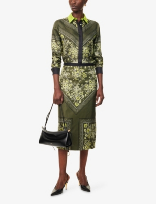 Gucci Womens Forest Green Brown Floral Slit Silk Midi Skirt In Green