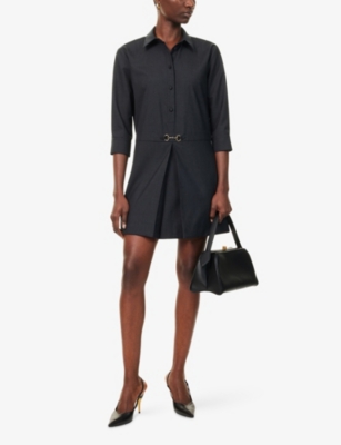 Gucci Womens Horsebit Long-sleeves Wool Mini Dress Ardesia Grey In Black