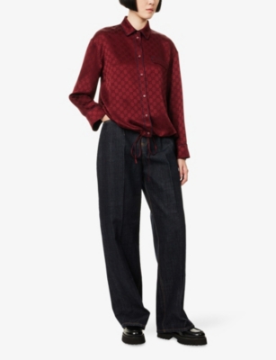 Gucci Womens Rosso Ancora Mix Monogram-pattern Drawstring-hem Satin Shirt