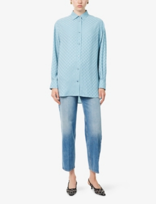 Gucci Womens Aqueous Monogram Relaxed-fit Silk Shirt In Blue
