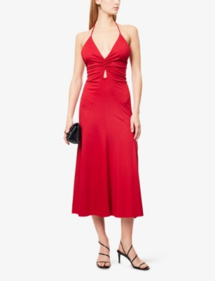 Victoria Beckham Womens V-neck Gathered Stretch-woven Midi Dress Rose In Red