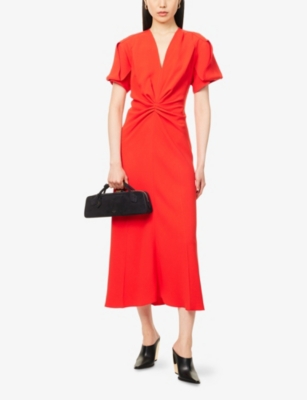 Ruched V-Neck Stretch-Woven Midi Dress