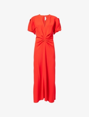 Ruched V-Neck Stretch-Woven Midi Dress