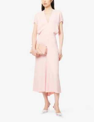 VICTORIA BECKHAM: V-Neck Puffed-Sleeves Stretch-Woven Midi Dress