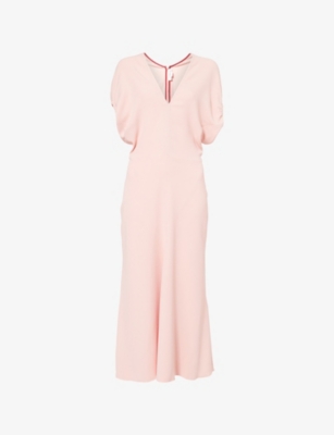 VICTORIA BECKHAM: V-Neck Puffed-Sleeves Stretch-Woven Midi Dress