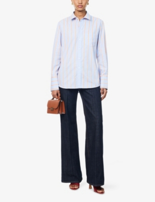 Victoria Beckham Womens Delphinium Ss Orange Striped Long-sleeves Cotton-poplin Shirt In Blue