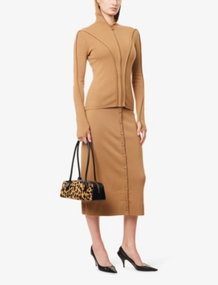 Victoria Beckham Womens Camel Hooded Rib-trim Knitted Merino Wool-blend Top In Brown