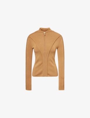 Victoria Beckham Womens Camel Hooded Rib-trim Knitted Merino Wool-blend Top In Brown