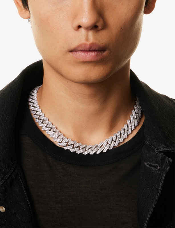 White 18ct White Gold-Plated Stainless-Steel, Brass and Pavé-Stone Necklace