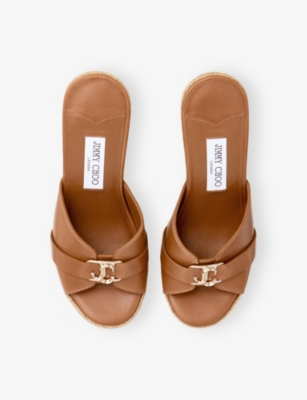 JIMMY CHOO WOMENS TAN/GOLD LEDA WEDGE 100 LEATHER MULES EUR 38/5 UK 
