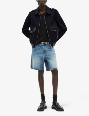 The Kooples Mens Navy Flap-pocket Leather-trim Wool-blend Jacket