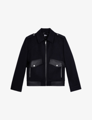The Kooples Mens Navy Flap-pocket Leather-trim Wool-blend Jacket