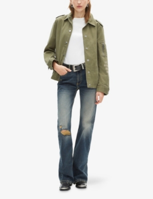 Shop The Kooples Womens Kaki Graphic-embroidered Regular-fit Cotton Jacket