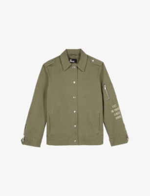 Shop The Kooples Womens Kaki Graphic-embroidered Regular-fit Cotton Jacket